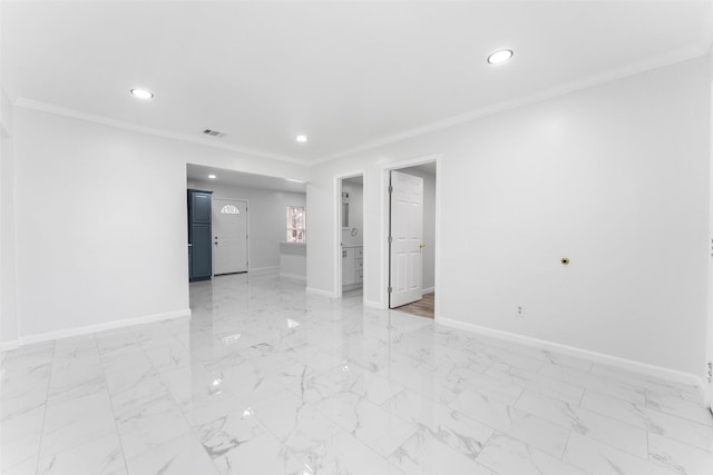 unfurnished room with visible vents, recessed lighting, baseboards, and ornamental molding