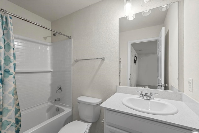 full bathroom with toilet, shower / bathtub combination with curtain, and vanity