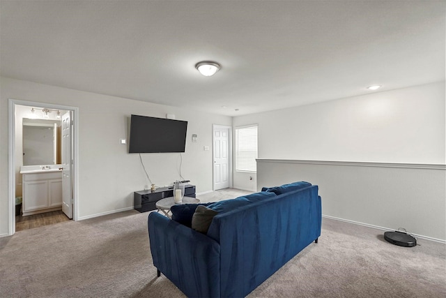 carpeted living room featuring sink