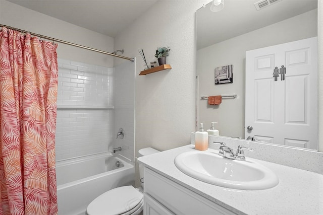 full bathroom featuring toilet, vanity, and shower / bathtub combination with curtain