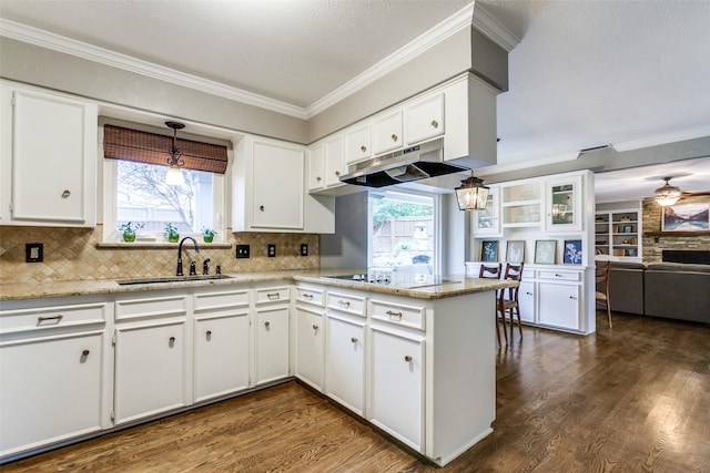 kitchen with black electric cooktop, kitchen peninsula, sink, and white cabinets