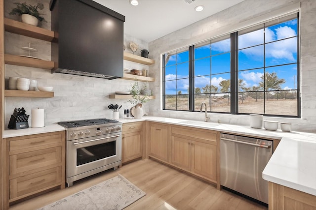 kitchen with sink, stainless steel appliances, tasteful backsplash, ventilation hood, and light hardwood / wood-style floors