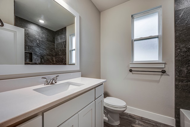 bathroom featuring vanity, hardwood / wood-style floors, and toilet