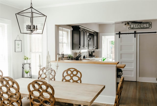 dining room with ornamental molding, a barn door, dark wood-type flooring, and sink