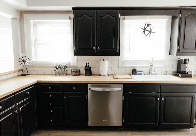 kitchen featuring tasteful backsplash, stainless steel dishwasher, wood-type flooring, and sink