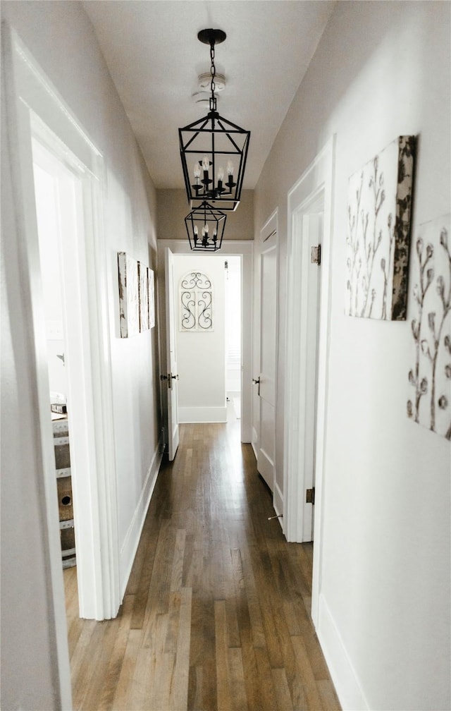 corridor with wood-type flooring and a chandelier