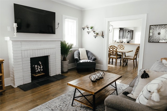 living room with a fireplace, dark wood-type flooring, and ornamental molding