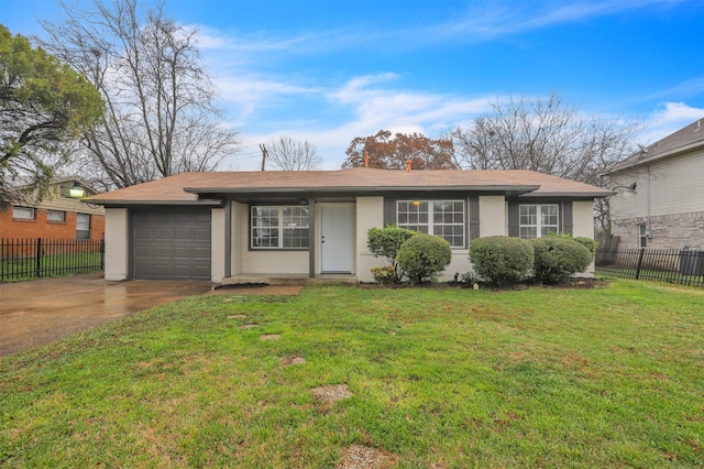 ranch-style home with a garage and a front yard