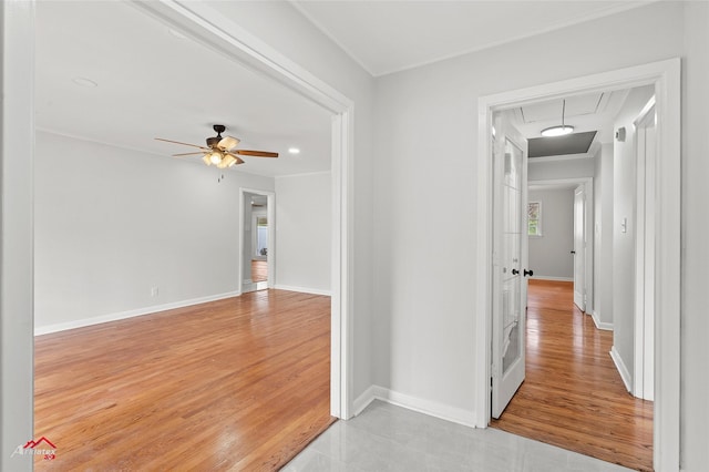 hall featuring ornamental molding and light hardwood / wood-style flooring