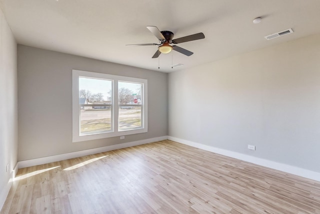 empty room featuring ceiling fan and light hardwood / wood-style floors