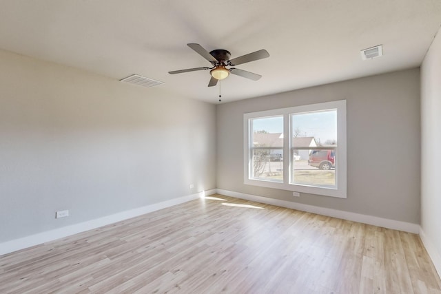 empty room featuring ceiling fan and light hardwood / wood-style flooring