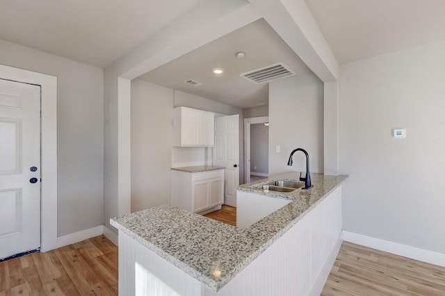 kitchen with kitchen peninsula, sink, light hardwood / wood-style flooring, and white cabinets