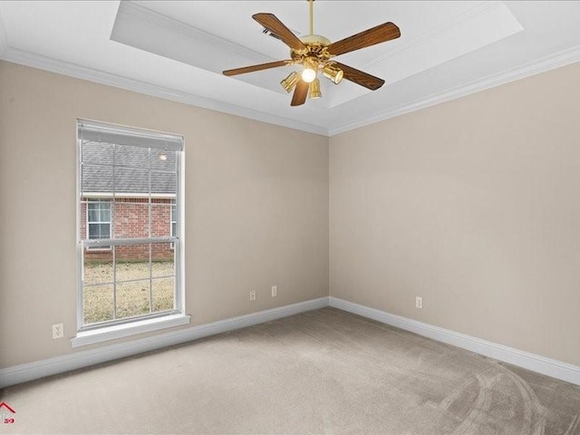 empty room with crown molding, a tray ceiling, and carpet floors