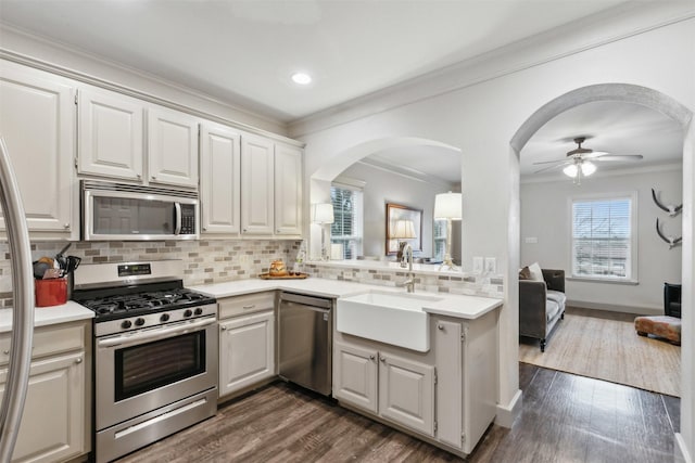 kitchen with white cabinetry, ornamental molding, stainless steel appliances, and sink