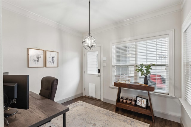 home office with crown molding, dark hardwood / wood-style floors, and an inviting chandelier