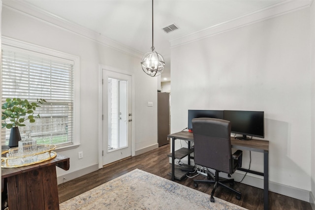 office with an inviting chandelier, crown molding, and dark hardwood / wood-style floors