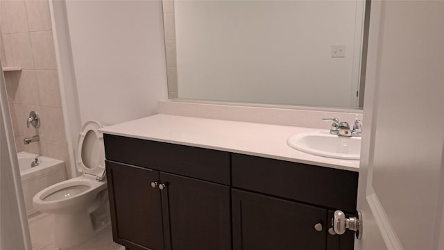 full bathroom with tile patterned flooring, vanity, shower / bathtub combination, and toilet