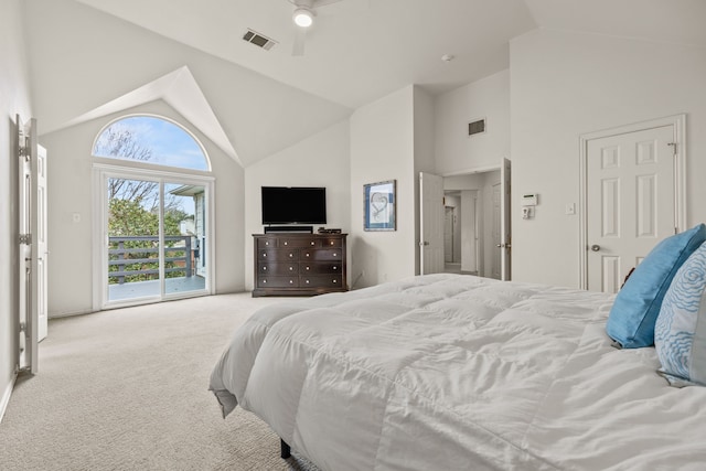 bedroom featuring carpet floors, access to outside, visible vents, and high vaulted ceiling