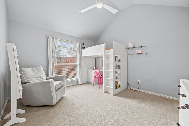 bedroom with carpet floors, baseboards, vaulted ceiling, and a ceiling fan