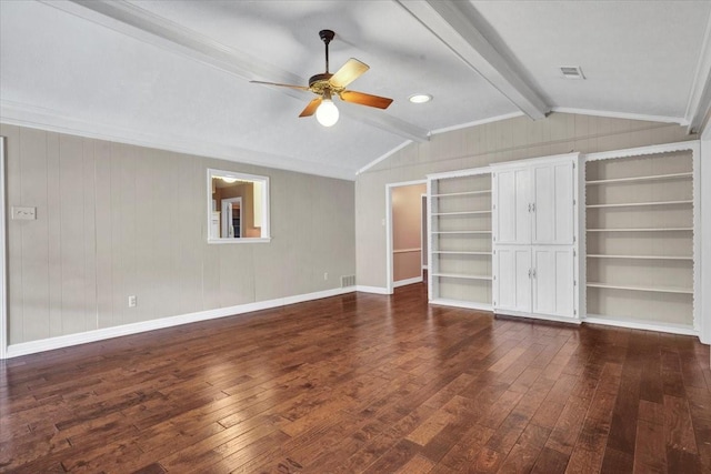 unfurnished bedroom with crown molding, ceiling fan, dark hardwood / wood-style floors, and lofted ceiling with beams