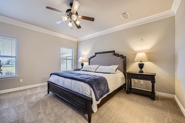 bedroom with ornamental molding, light carpet, and ceiling fan