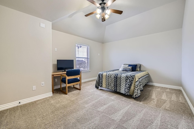 carpeted bedroom with lofted ceiling and ceiling fan