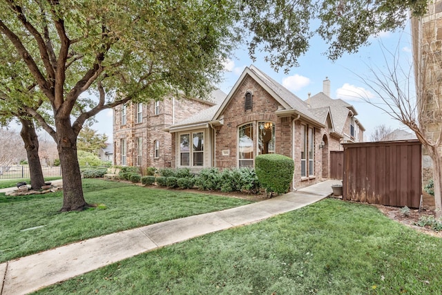 view of front of house with a shingled roof, brick siding, fence, and a front lawn