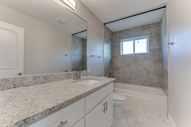 bathroom with toilet, shower / washtub combination, vanity, and marble finish floor