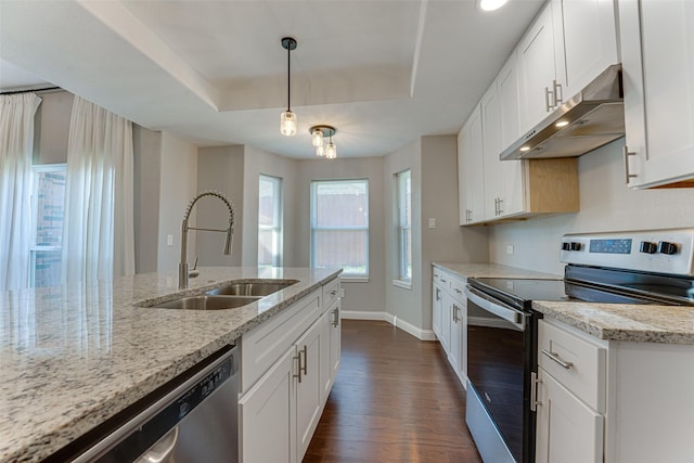 kitchen featuring a sink, stainless steel appliances, under cabinet range hood, baseboards, and dark wood finished floors