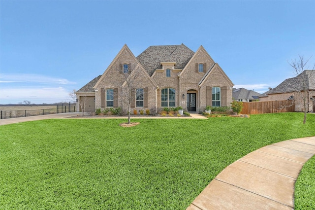 french country style house featuring a front yard, brick siding, fence, and driveway