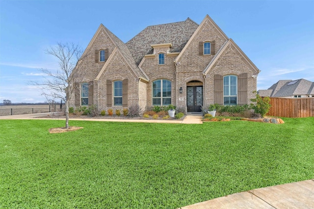 french country home featuring roof with shingles, fence, a front lawn, and brick siding