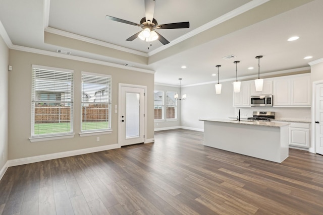 kitchen with baseboards, open floor plan, a tray ceiling, and stainless steel appliances
