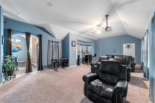 interior space featuring vaulted ceiling and ceiling fan