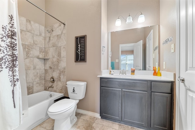 full bathroom with vanity, shower / tub combo with curtain, tile patterned floors, and toilet