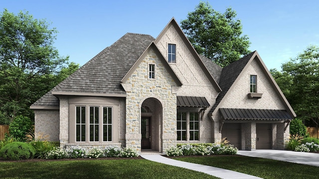 view of front of home featuring a garage and a front lawn