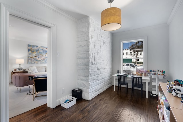 office area featuring crown molding and dark wood-type flooring