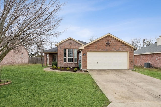 ranch-style home with a garage, central air condition unit, and a front lawn