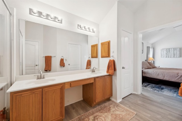 bathroom with vanity, vaulted ceiling, and wood-type flooring