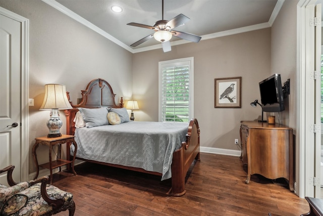 bedroom with recessed lighting, baseboards, ornamental molding, and dark wood-style floors