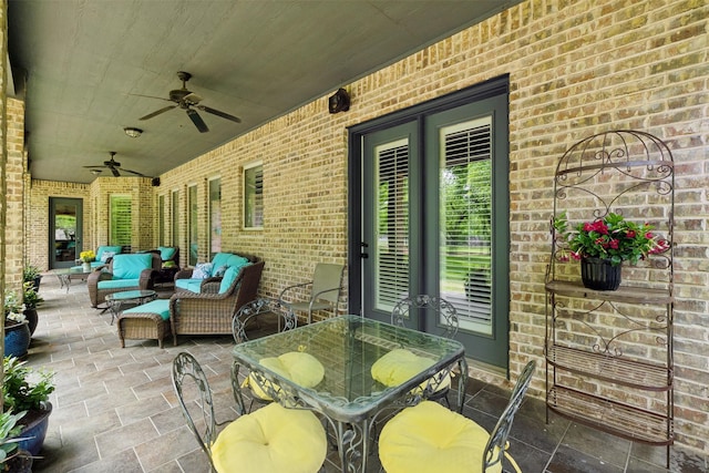 view of patio with an outdoor hangout area, a ceiling fan, outdoor dining area, and french doors