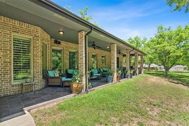view of patio featuring ceiling fan and an outdoor hangout area
