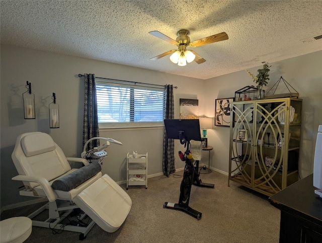 exercise area with ceiling fan, carpet flooring, and a textured ceiling