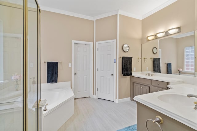 bathroom featuring ornamental molding, plus walk in shower, wood-type flooring, and vanity