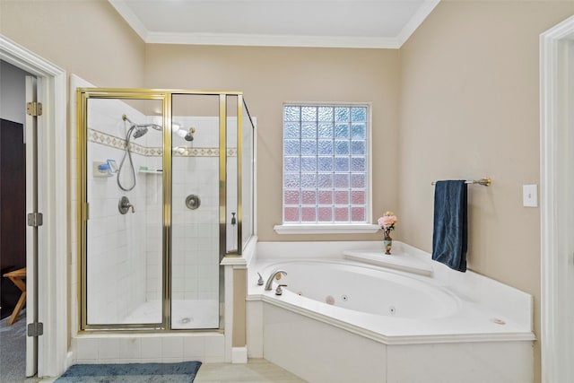 bathroom with crown molding and shower with separate bathtub