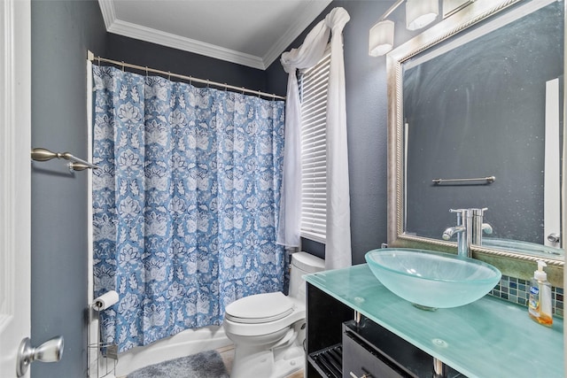 bathroom with crown molding, vanity, toilet, and walk in shower