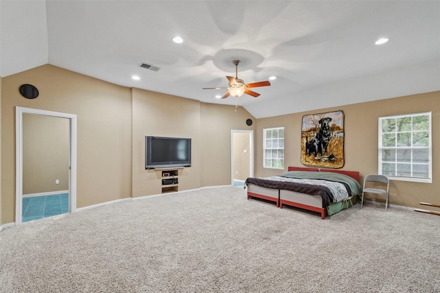 bedroom with lofted ceiling, carpet floors, and ceiling fan