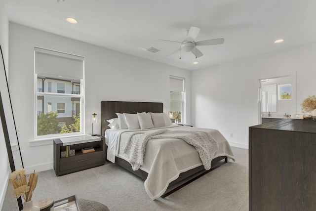 2125 Bird St, Fort Worth, TX 76111 - bedroom featuring light colored carpet, recessed lighting, and a ceiling fan