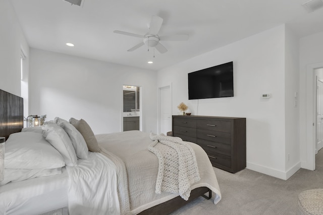 2125 Bird St, Fort Worth, TX 76111 - bedroom featuring light carpet, recessed lighting, ceiling fan, and ensuite bath