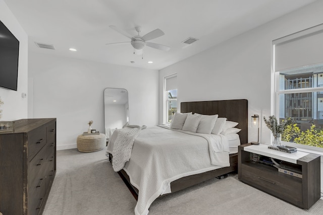 2125 Bird St, Fort Worth, TX 76111 - bedroom featuring light carpet, multiple windows, recessed lighting, and ceiling fan