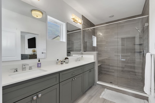 2125 Bird St, Fort Worth, TX 76111 - bathroom with double vanity and a shower stall